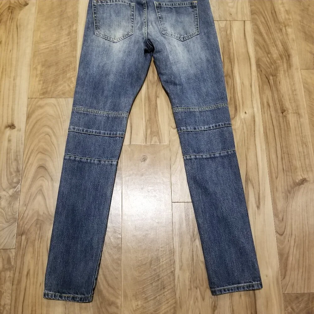 Crysp Denim Men Moto Biker Jeans Size 30 Blue Cotton Ribbed Pleated Panel Slim